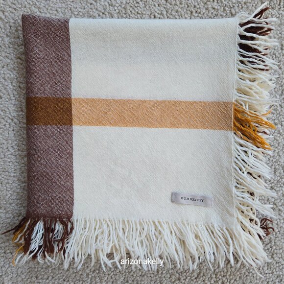 NWOT Burberry Merino Wool Square Scarf with Fringe Tan Brown & Cream - Picture 14 of 14